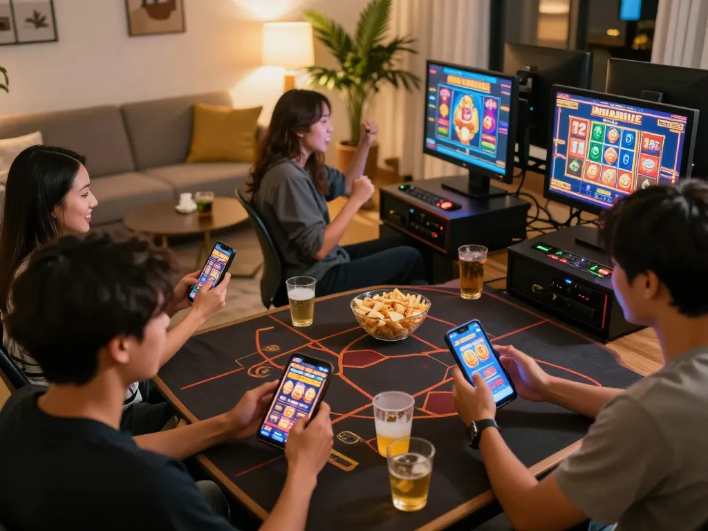 Pemain menikmati permainan slot gacor di smartphone mereka dalam suasana rumah yang meriah, merayakan kemenangan.