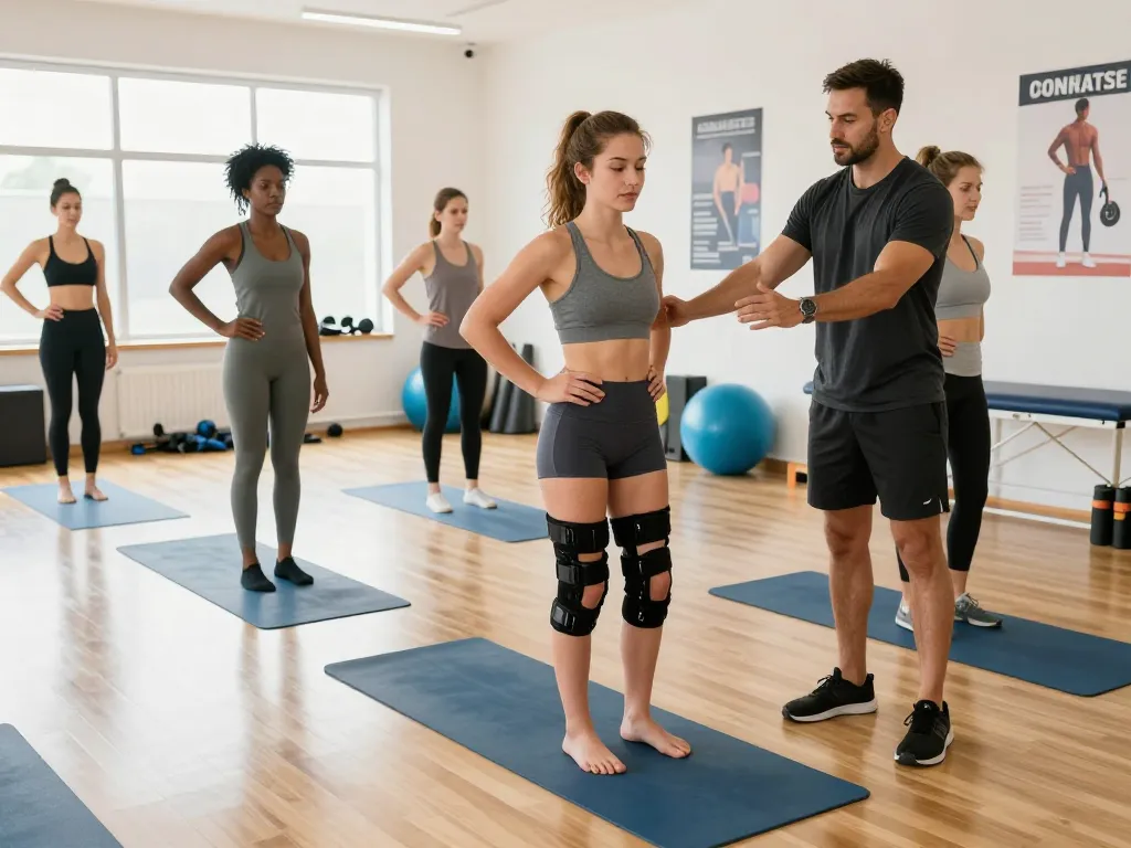Young woman practicing mobility exercises with hip brace for hypermobility in a modern fitness studio.