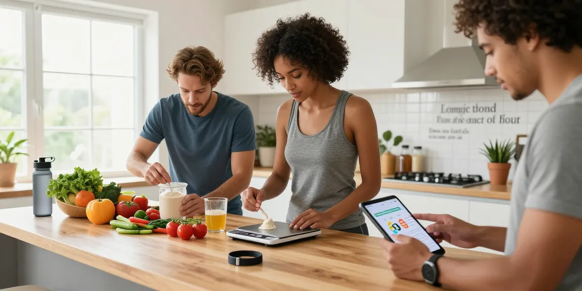 The best macro tracking app used by diverse individuals in a modern kitchen, measuring ingredients and logging nutrition data.
