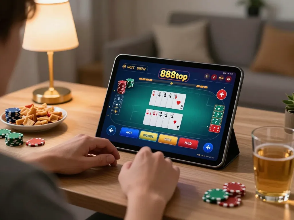 Engaging online gaming session at 888top, showcasing a player betting on poker with a tablet in a cozy atmosphere