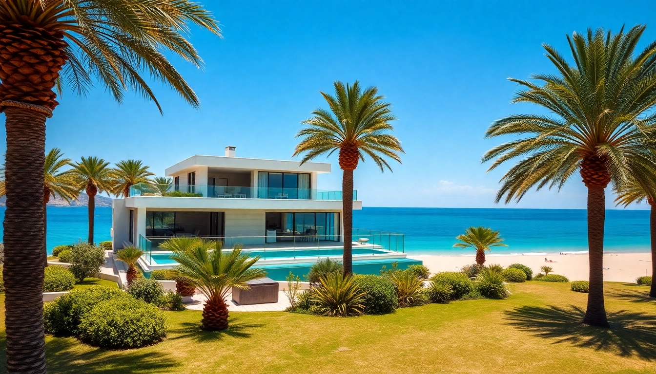 Beautiful seaside villa representing buy property in alanya amidst palm trees and blue waters.