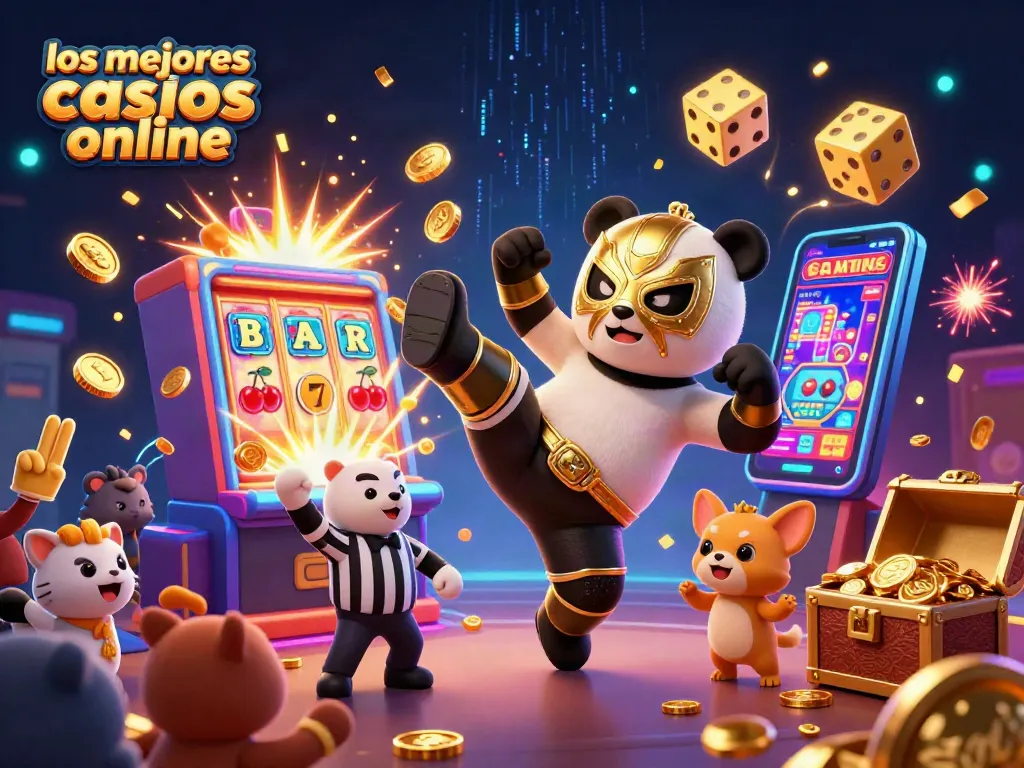 Ilustra los mejores casinos online mientras el panda luchador cae en un golpe con un casino de fondo.