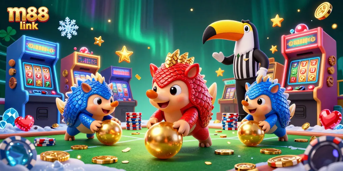 Experience the thrill of m88 link with rival pangolins bowling golden balls through poker chips in vibrant 3D.