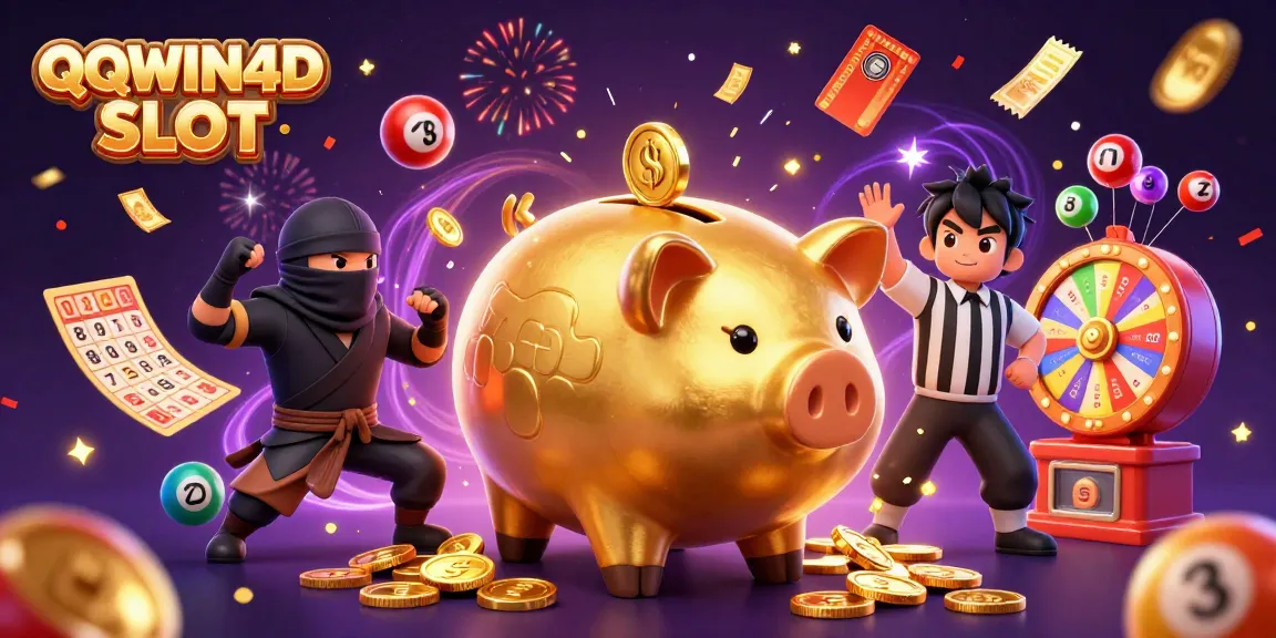 QQWIN4D SLOT menghadirkan suasana seru slot dengan piggy bank sumo bertarung di kasino.
