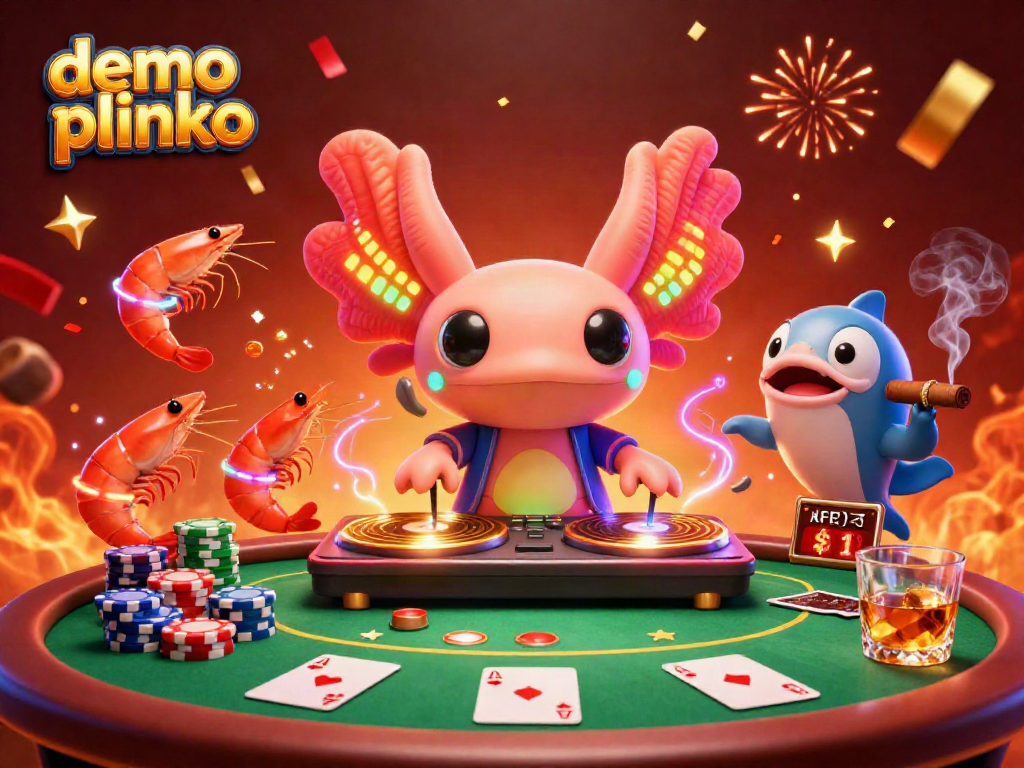 Experience the vibrant demo plinko scene with animated axolotl DJ and poker elements.