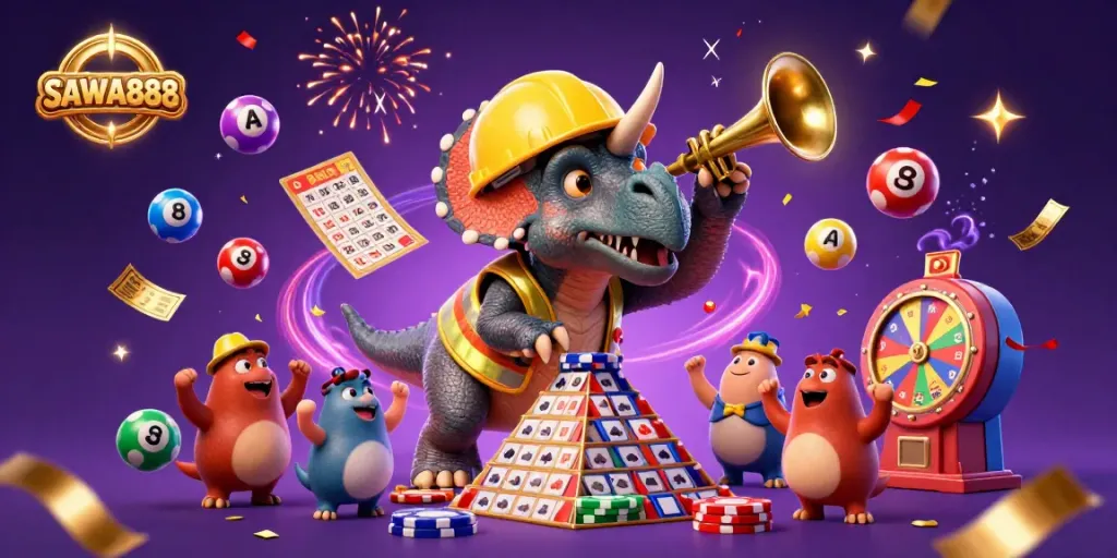 Celebrate wins with SAWA888 in a dynamic casino scene featuring a triceratops stacking poker chips.