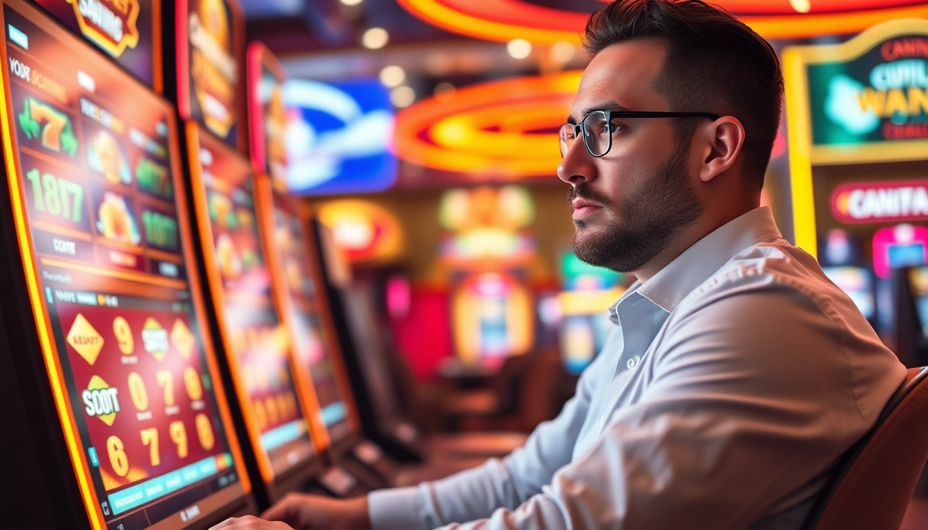 Menang slot depo 1k dengan mesin slot berwarna cerah di kasino.