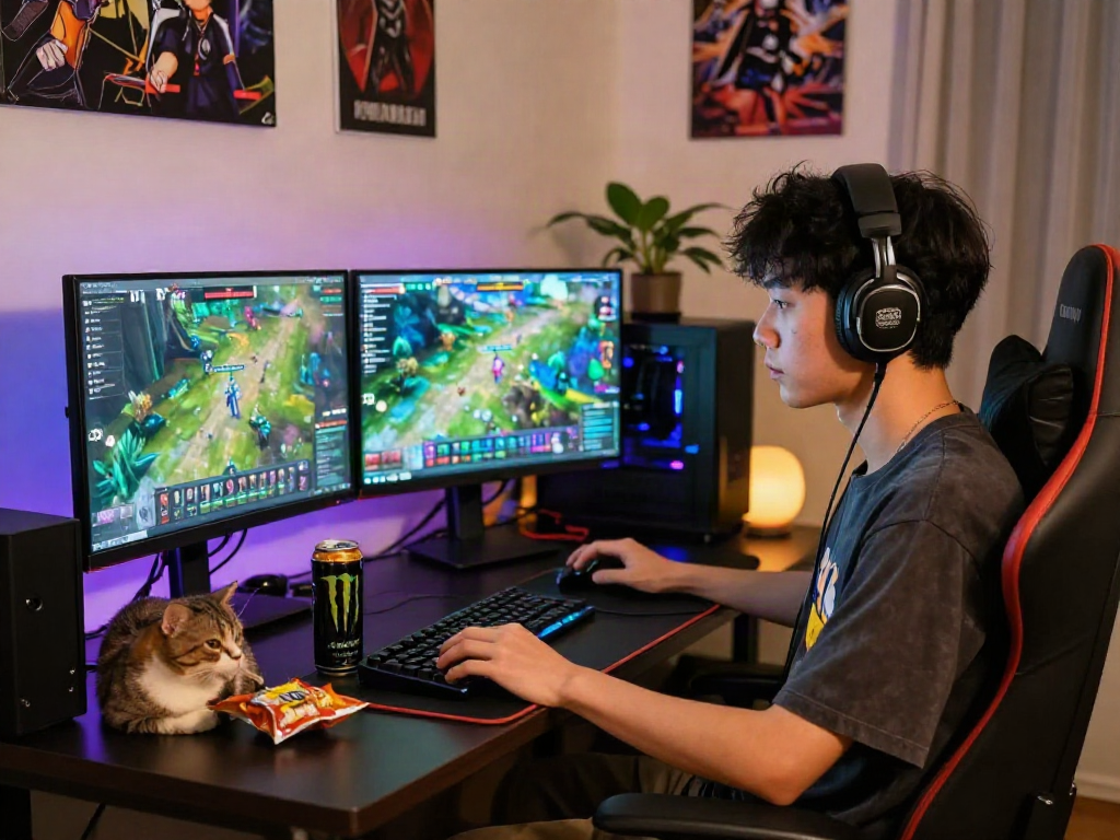 Young adult gaming at home, showcasing rokok88 daftar in vibrant surroundings.
