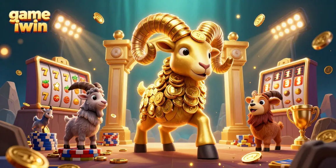 Play the thrilling game iwin with an artistic 3D scene featuring a golden ram amidst slots and jackpots.