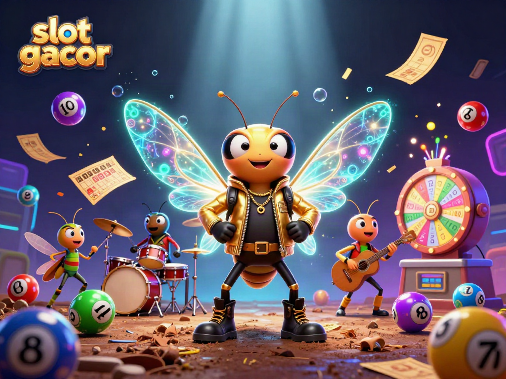 Experience the thrill of slot gacor with vibrant numbers and celebratory elements in a lush casino setting.