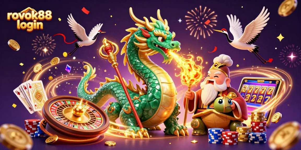 Spin and win with the rokok88 login, featuring a dragon, turtle, and cranes amidst casino elements.