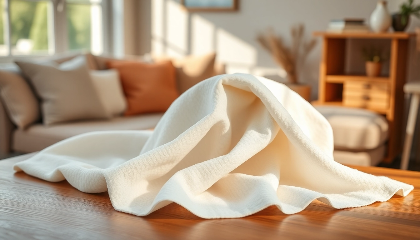 Absorberende katoenen stof met zachte textuur en warme kleuren op een houten tafel.