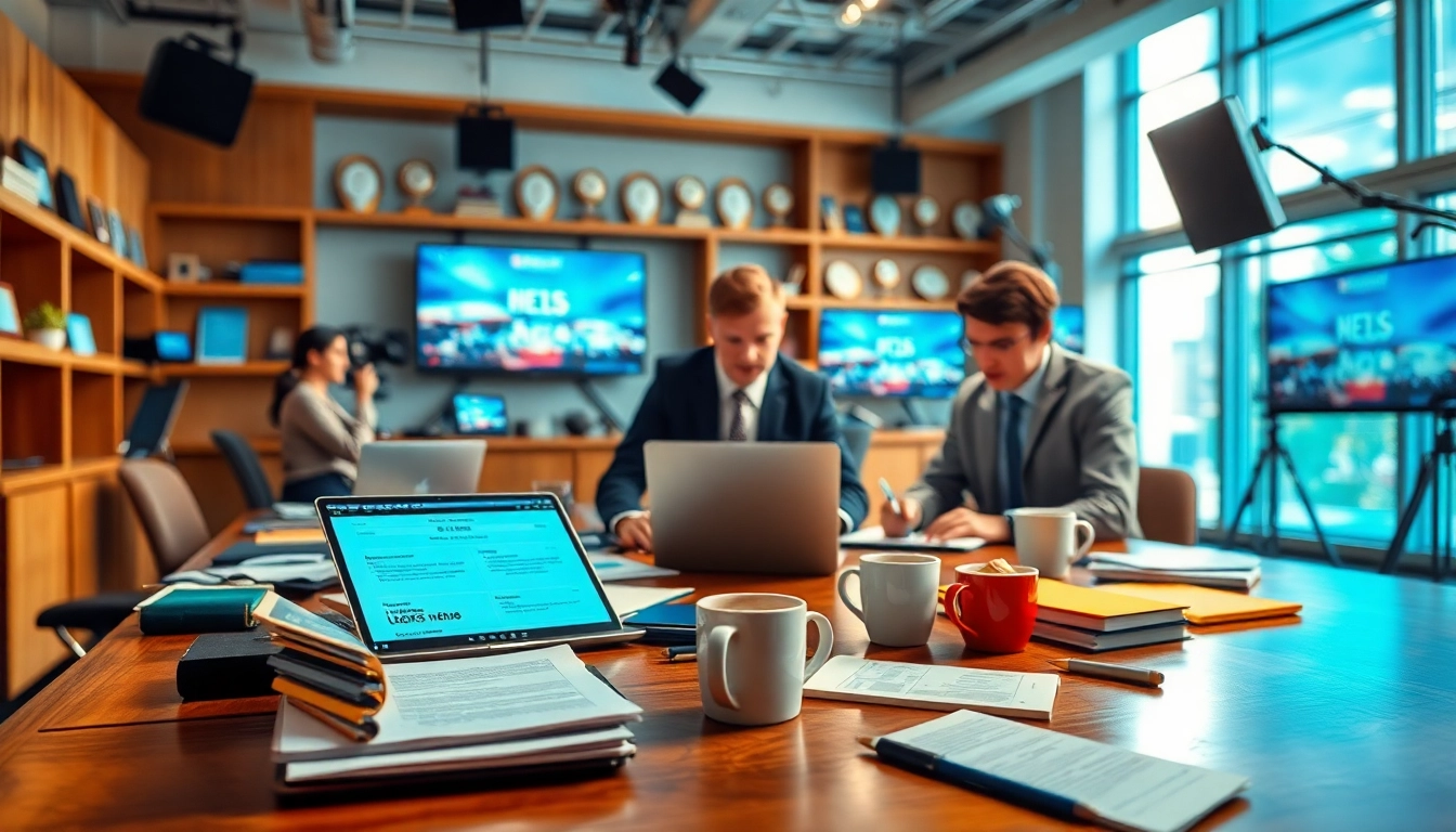 Journalists capturing and reporting the latest news in a vibrant newsroom.