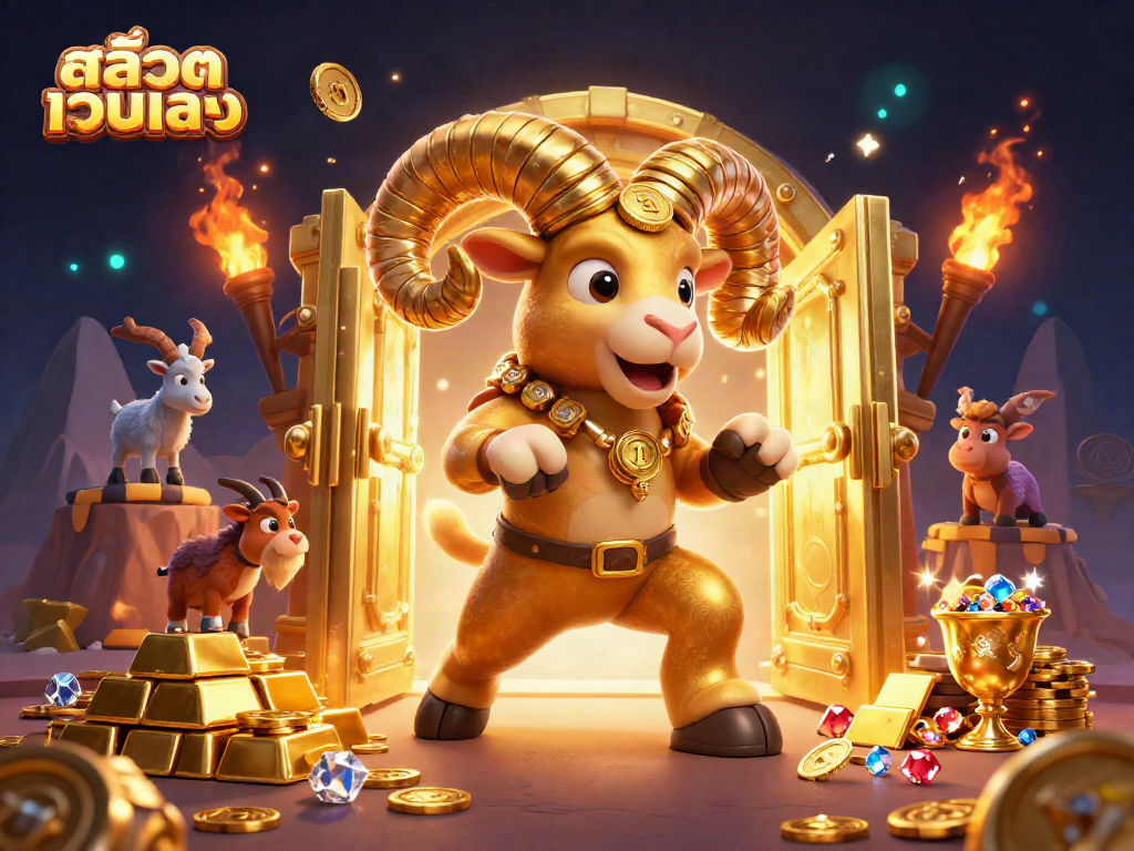 Experience exciting wins with สล็อตเว็บตรง, featuring a dynamic 3D illustration of a golden ram charging through a treasure vault.