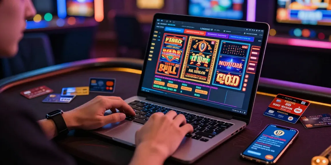 Player exploring credit card casinos on a laptop with gaming excitement.