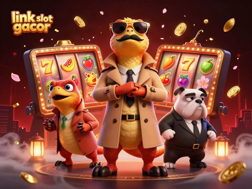 Engage with the link slot gacor scene featuring raptors in disguise at a glamorous casino entrance.