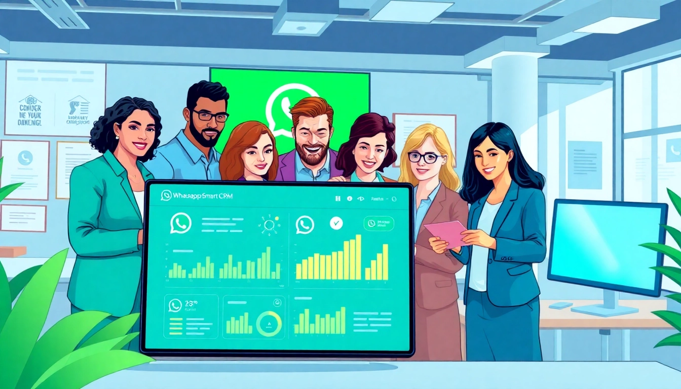 Using the WhatsApp Smart CRM, a diverse team collaborates effectively in a bright office.