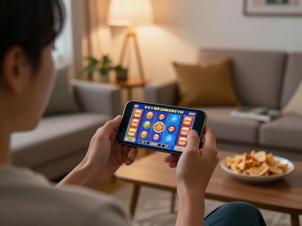 Engaging in exciting สล็อต888 gameplay on smartphone at home with colorful graphics and cozy atmosphere.