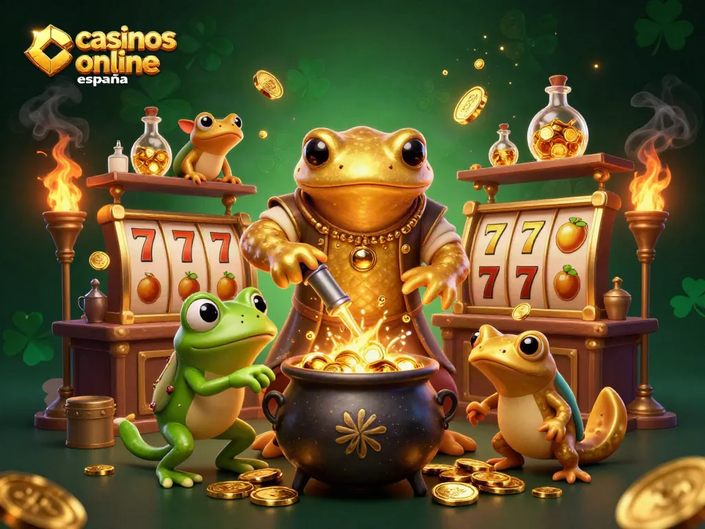 Explora casinos online en España con una ilustración vibrante de un alquimista transformando metales en monedas de oro.
