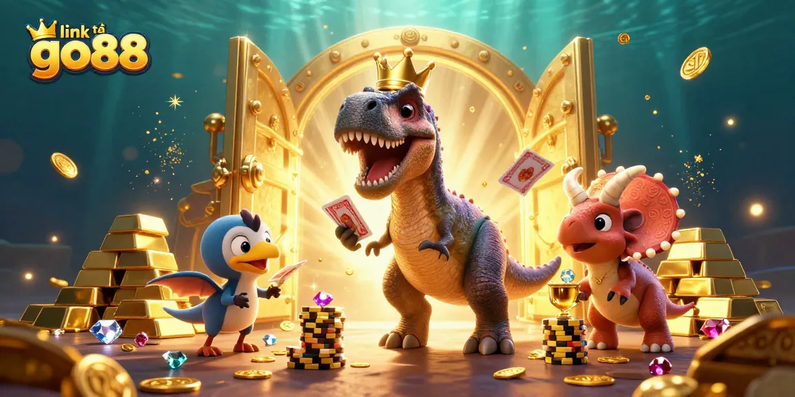 Engage in thrilling action with the link tải go88 featuring a T-Rex shuffling cards and a triceratops stacking chips.