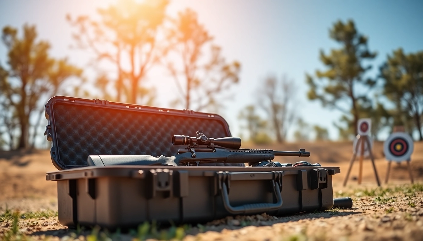 Showcase a pelican rifle case with a premium rifle in an outdoor environment.