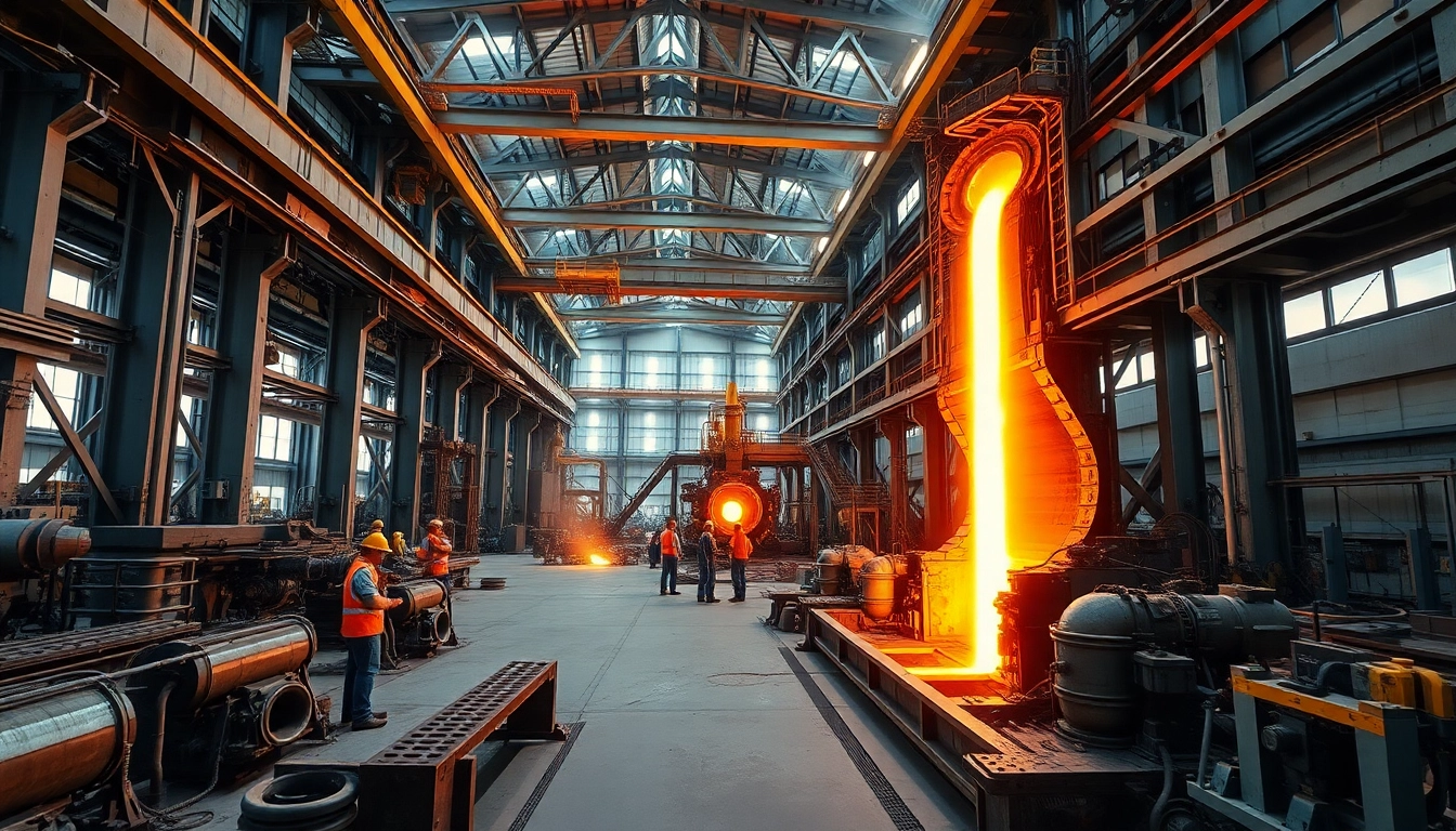 Workers overseeing operations in a modern steel mill, showcasing advanced machinery and vibrant molten steel.