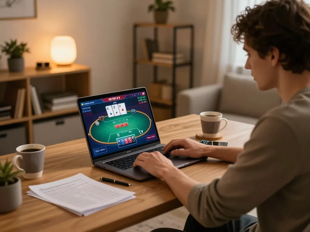Nohu90 player engaging in an online poker game at home, focused on strategy and responsible gaming.