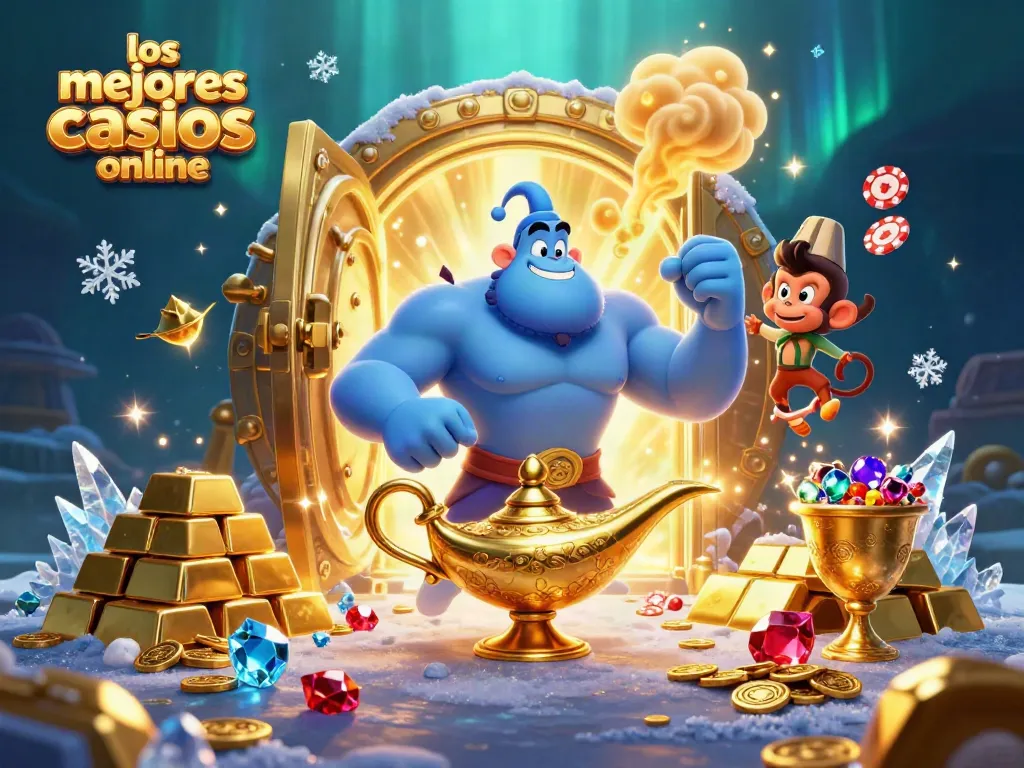 Disfruta de los mejores casinos online con el genie y tesoros en esta ilustración 3D.