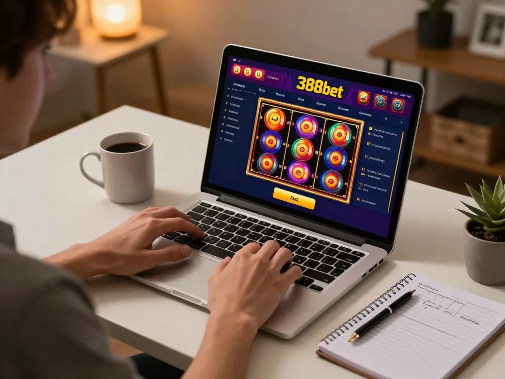 Engaged player using 388bet for online casino gaming, showcasing a colorful slot interface.