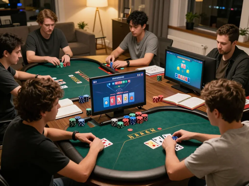shbet online players strategizing during intense poker session in a warm home atmosphere
