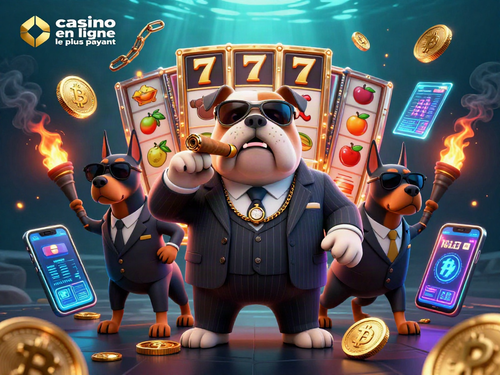 Gagnez gros avec le casino en ligne le plus payant illustré par un bulldog mafieux entouré de symboles de jeux.