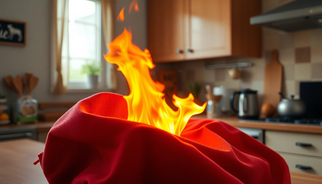 Using a fire blanket to extinguish flames in a kitchen, showcasing fire safety.