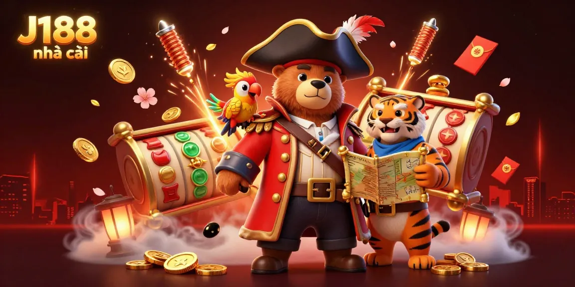 Immerse in the excitement of J188 nhà cái with a vibrant 3D scene featuring a pirate captain, a tiger first mate, and character-rich casino elements.