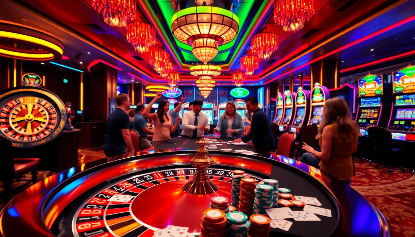 A lively scene at https://www.kjc.global/ where players celebrate wins at roulette and poker tables, capturing the essence of casino excitement.