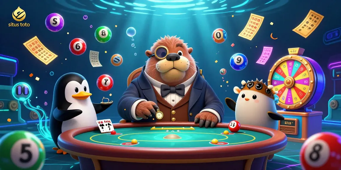 Engage with situs toto at an underwater poker table featuring vibrant lottery elements and animated game effects.