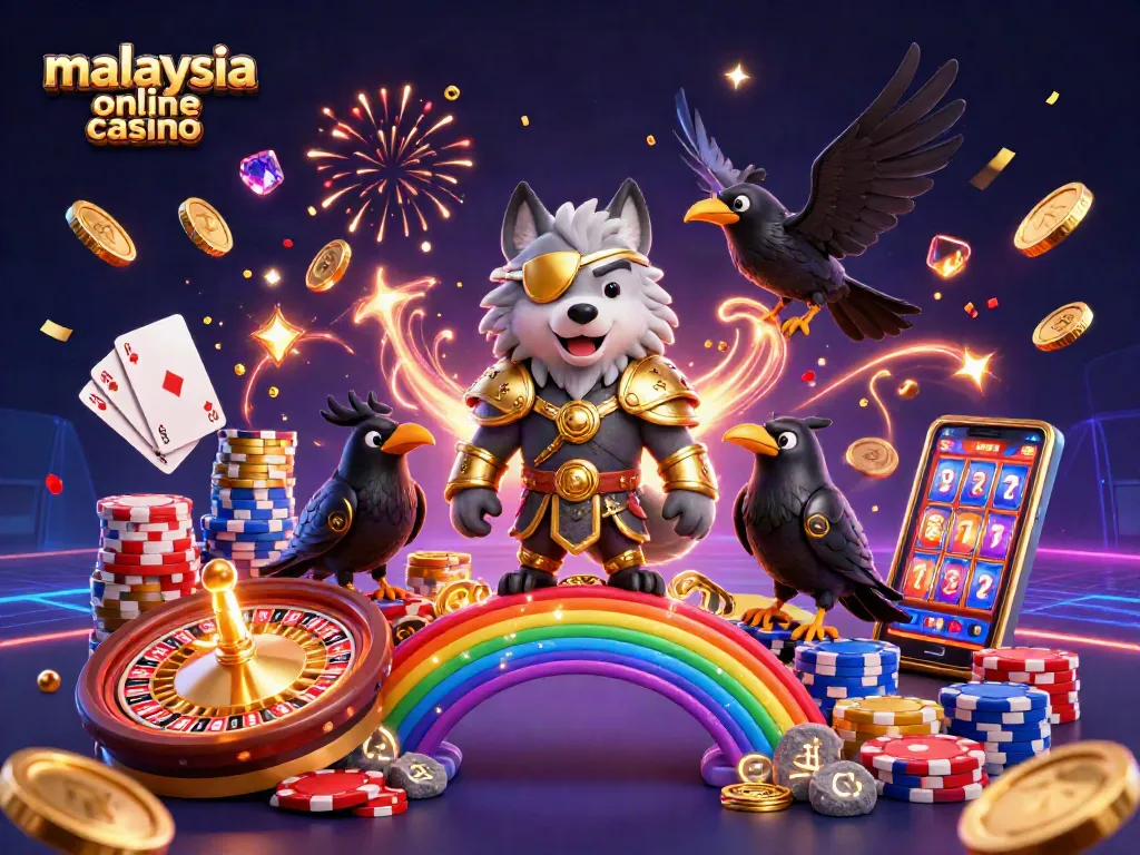 Experience the thrill at the malaysia online casino with golden coins, game elements, and mythical characters.