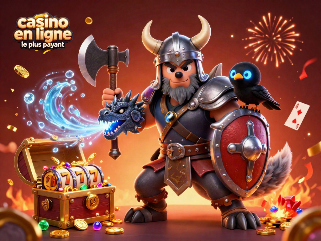 Visuel captivant d'un casino en ligne le plus payant avec un guerrier, dragon et éléments de jeu.