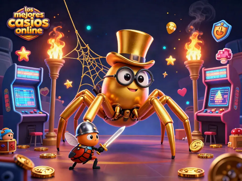 Los mejores casinos online: ilustra un ágil caballero insecto enfrentando una tarántula en un mundo de casino.