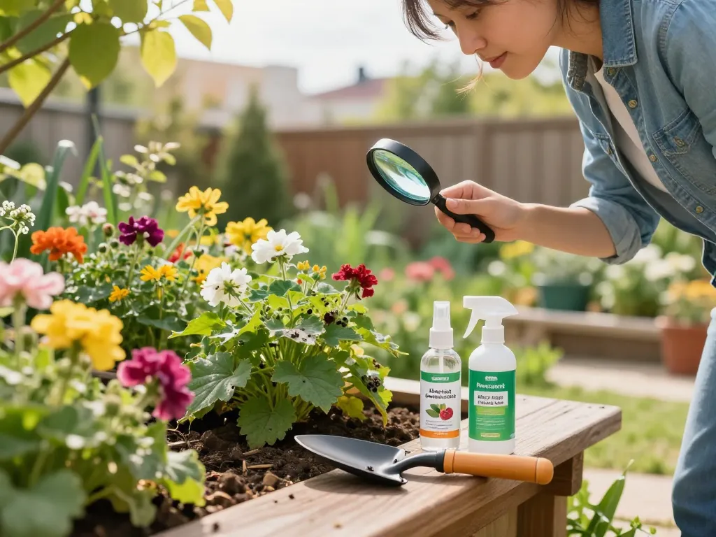 Pest prevention techniques showcased in a vibrant garden with a homeowner inspecting plants.