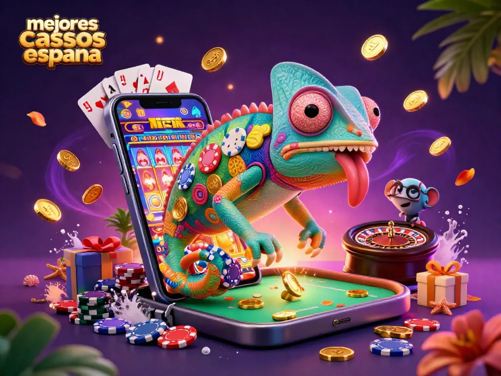 Los mejores casinos online España: El dueño del casino Camaleón atrapando monedas doradas en una emocionante escena de juego.