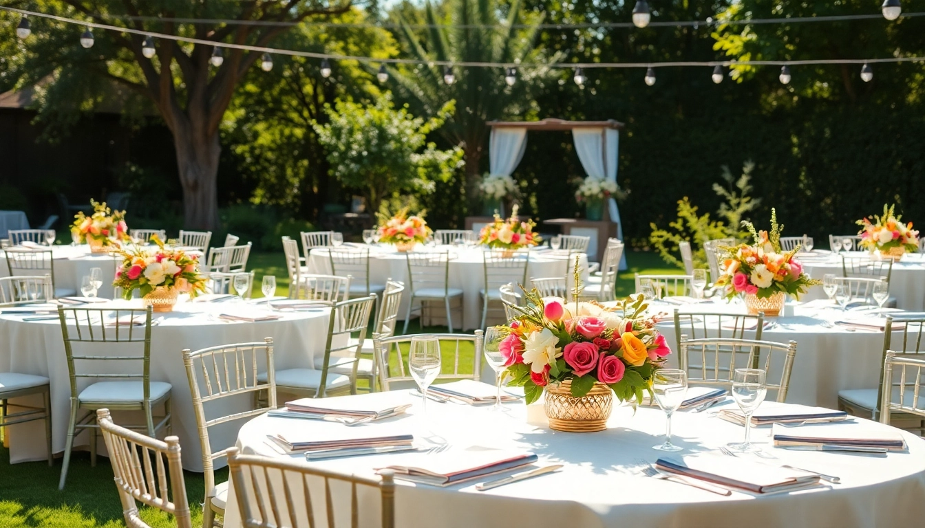 Experience exquisite Table & Chair Rentals for outdoor events with elegant setups and floral accents.