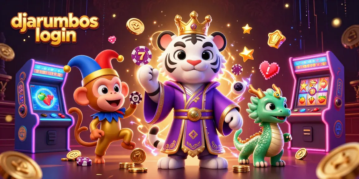 Engage with the djarumbos login scene featuring a majestic white tiger and a playful monkey in a vibrant casino setting.