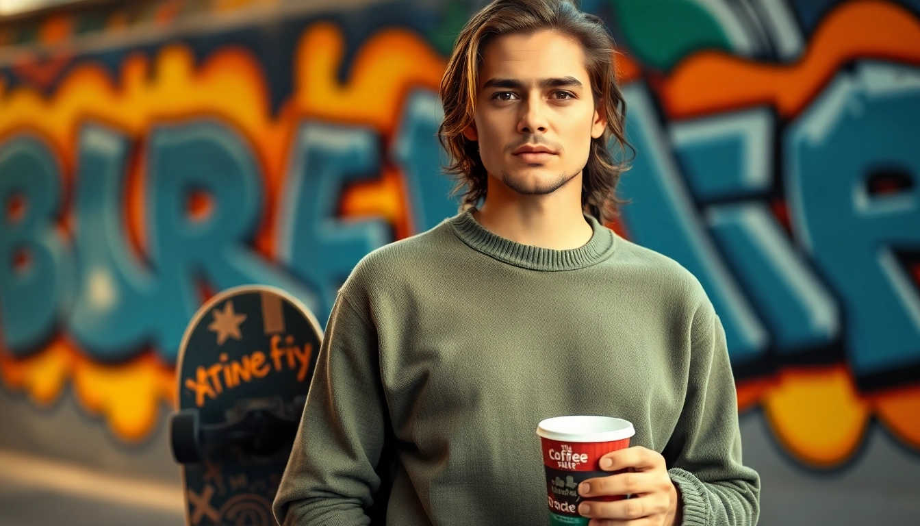 Showcasing a stylish blank crewneck sweater on a model amidst an urban backdrop.
