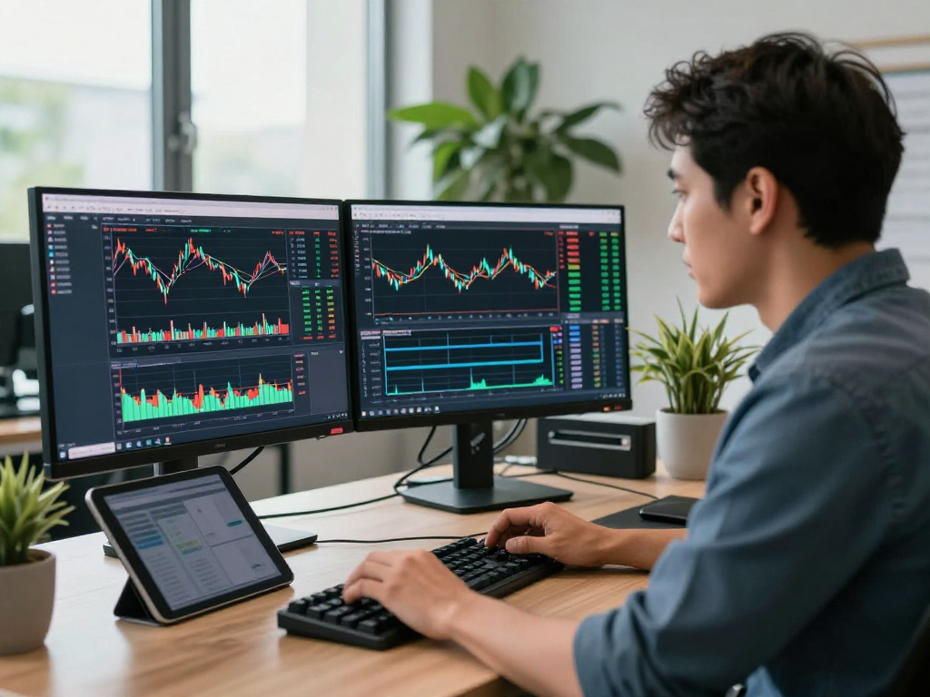 Using TradingView for market analysis at a tech workspace with dynamic charts and alerts.