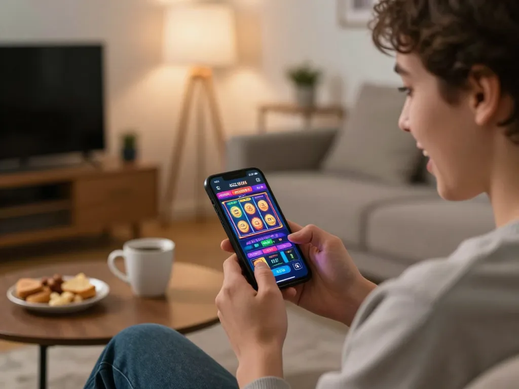 Engaged user playing sunwinapk on smartphone in a cozy living room with coffee.
