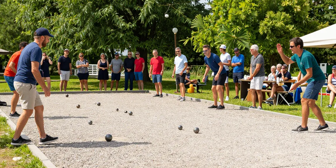 Aktivitas olahraga petanque di fopikotabanjarba.org, pemain bersaing dengan semangat, bola petanque, suasana meriah.