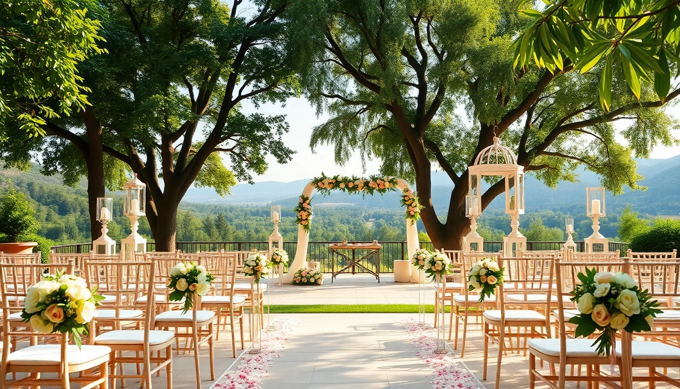 Idyllische hochzeits location mit romantischen Blumenarrangements und festlichem Ambiente.