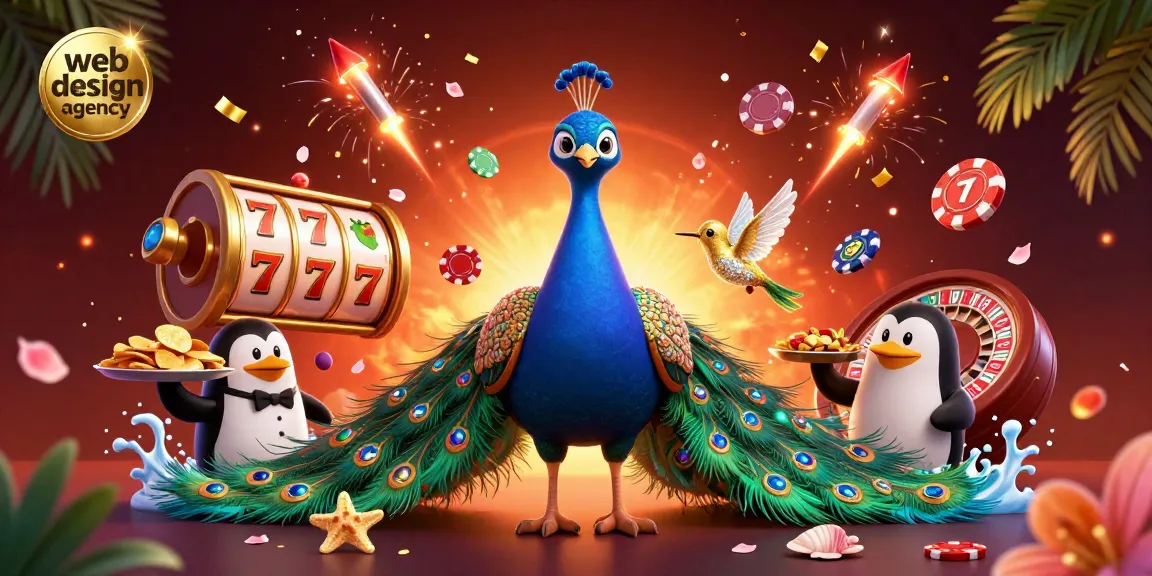 Experience the excitement of a web design agency illustration featuring a peacock, penguin, and hummingbird amidst vibrant casino elements.