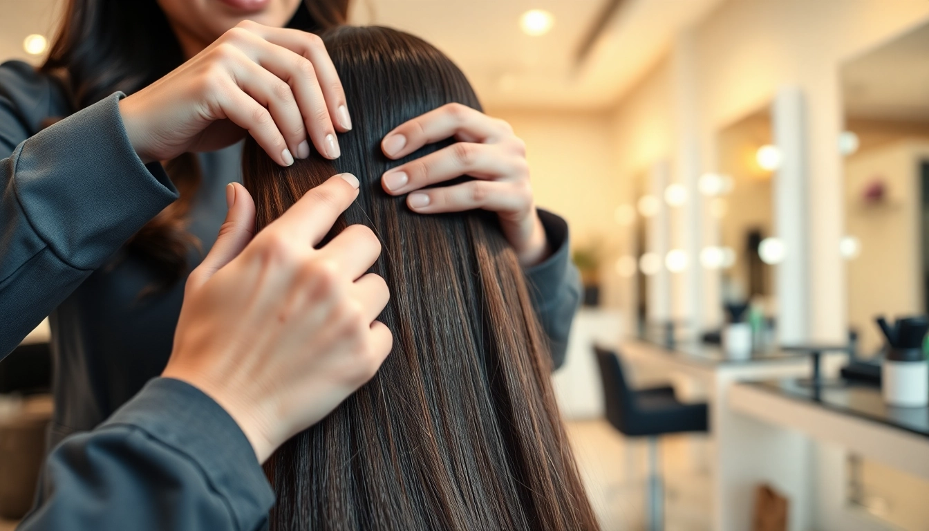Sew in weft hair extensions being applied by a stylist in a bright, modern salon.