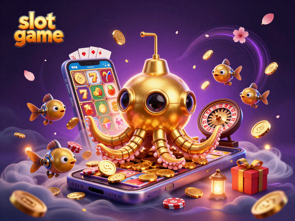Engage with the exciting slot game featuring a golden kraken submarine amidst golden coins and dynamic casino elements.